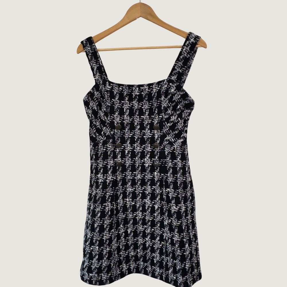 Maeve Anthropologie Tweed Mini Dress 6 Black White Plaid Preppy Dark Academia